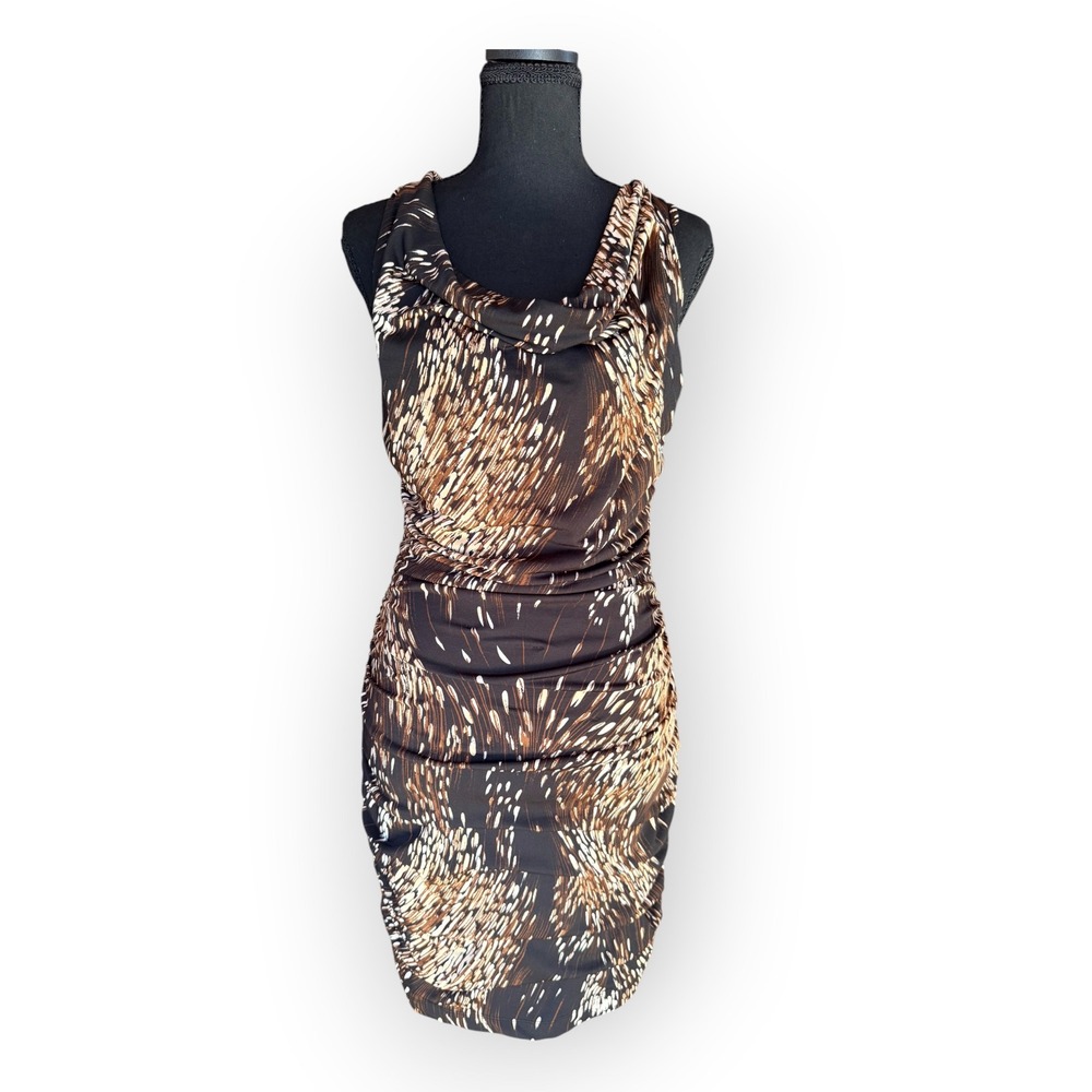 Vintage Y2K 90s Brown Abstract Leopard Print Cowl Neck Ruched Bodycon Dress M